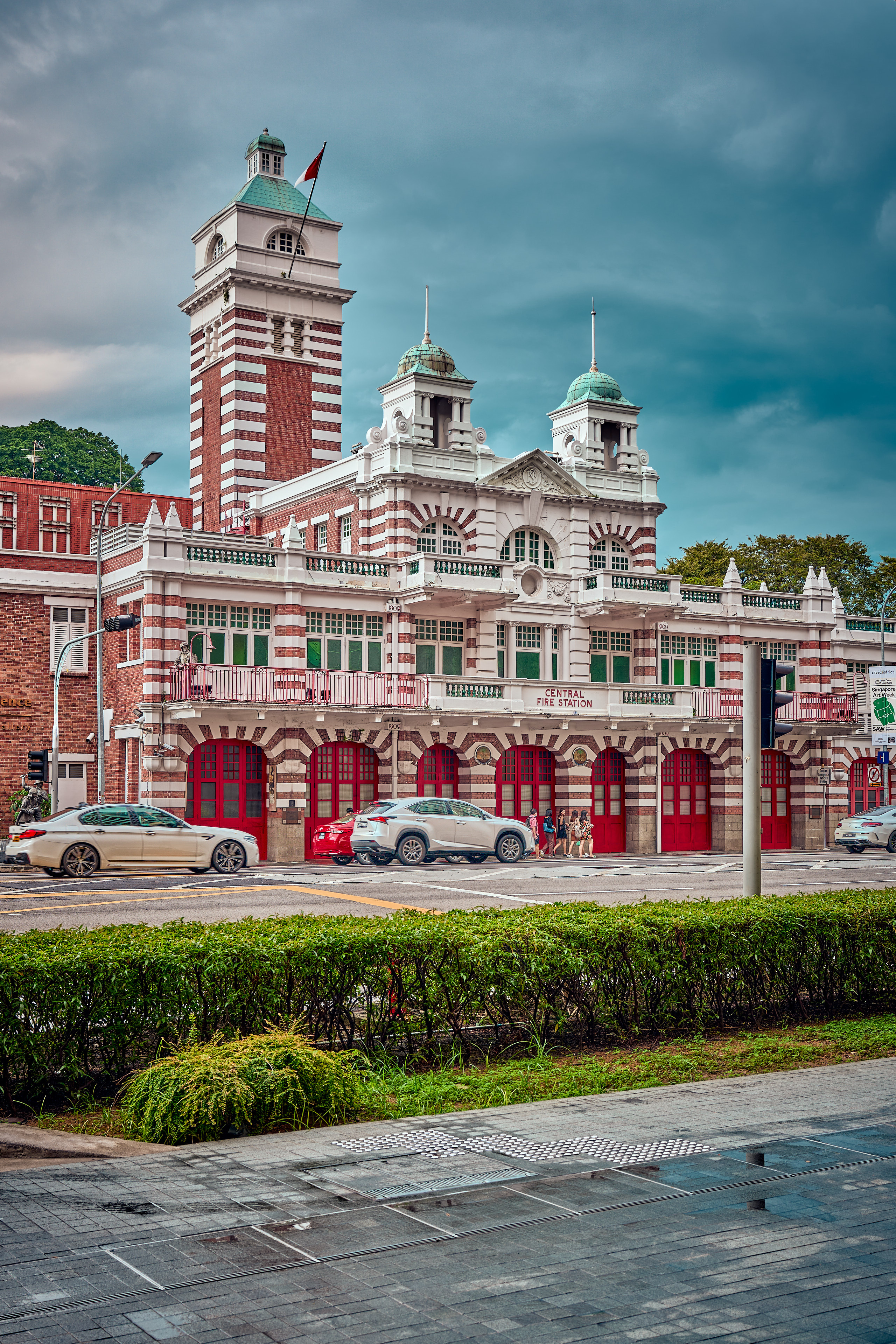 wide shot of brick building 