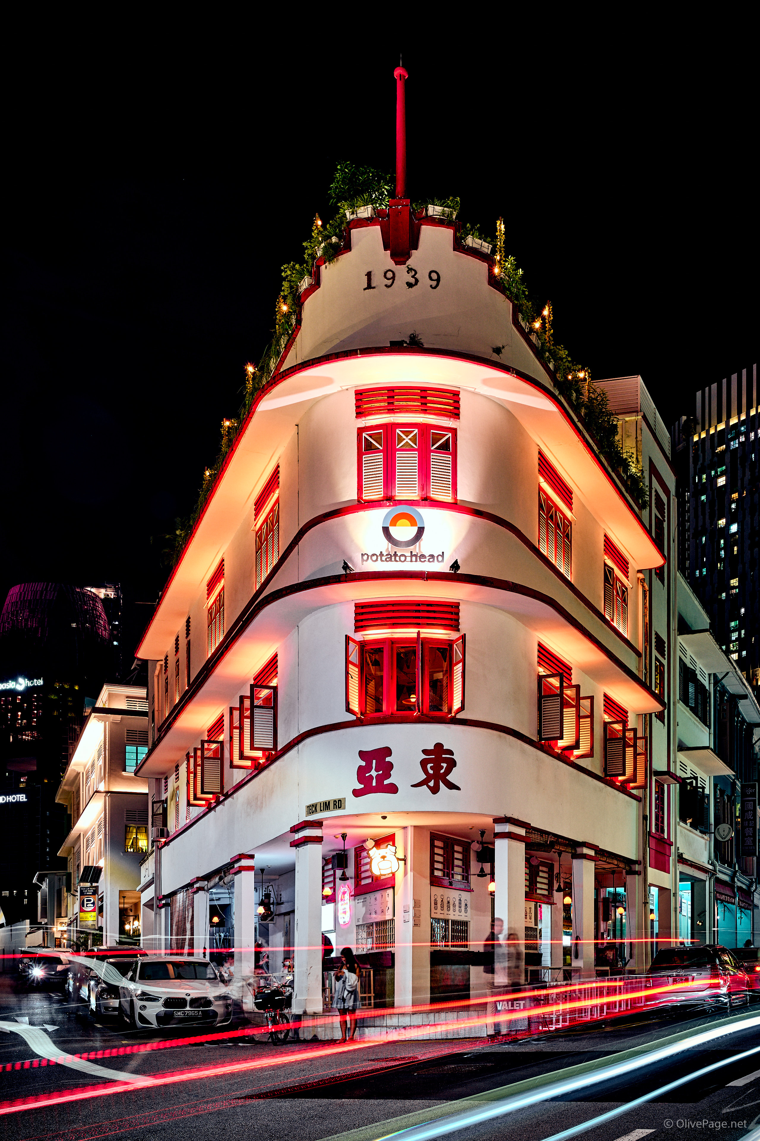 nights shot of building with light trail 